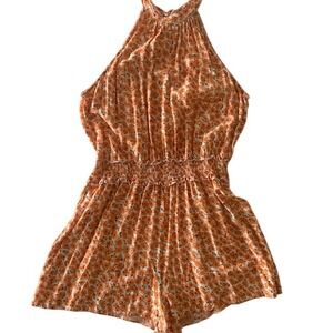 Floral Sleeveless Jumpsuit L Boho Flower Print Cinched Waist Festival Romper EUC